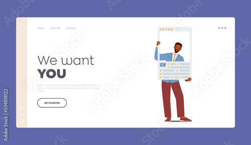 Recruitment Landing Page Template. Male Character Job Applicant with Resume Apply for Vacant Position in Office