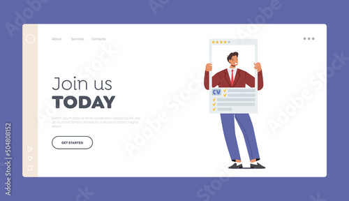 Human Resource Management and Hiring Landing Page Template. Candidate Job Seeker Male Character with Cv
