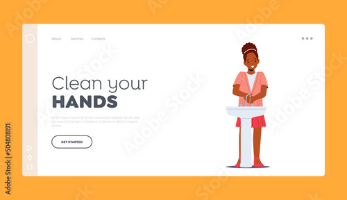 Hygiene Bath Procedure Landing Page Template. Happy African Girl Washing Hands, Children Daily Routine, Kid Clean Palms