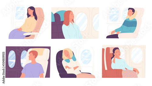 People sleeping during flight in aircraft. Vector illustration