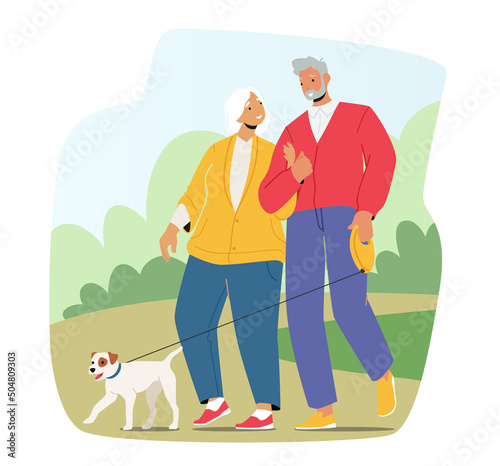 Elderly Family Couple Enjoying Outdoor Promenade With Pet. Smiling Characters Walk With Dog at Park. Happy Man and Woman