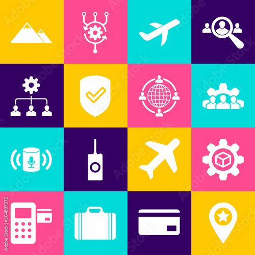 Set Location with star, Product development, Project team base, Plane, Shield check mark and Lead management icon. Vector