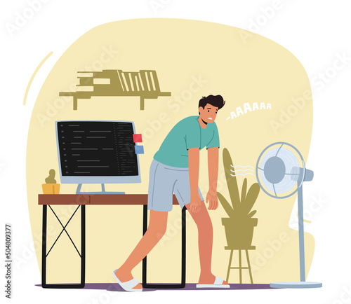 Heat Stroke, Heating Weather, Summer Time Hot Period Concept. Sweltering in Heat Male Character Trying to Cool and Work