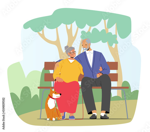 Elderly Couple Characters Spending Time With Dog at City Park. Happy Smiling Senior Man and Woman Sitting on Bench
