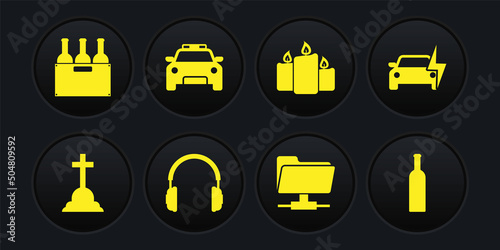Set Tombstone with cross, Electric car, Headphones, FTP folder, Burning candles and Police flasher icon. Vector