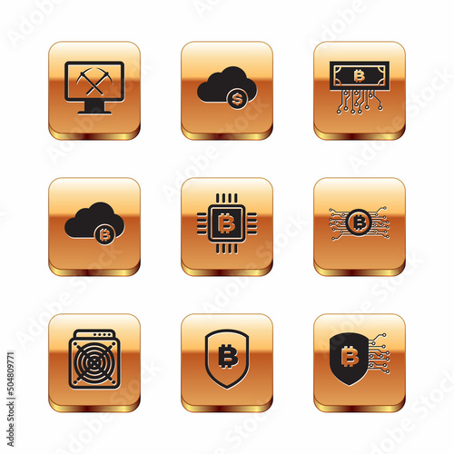 Set Mining with monitor and pickaxe, ASIC Miner, Shield bitcoin, CPU mining farm, Cryptocurrency cloud and circuit icon. Vector