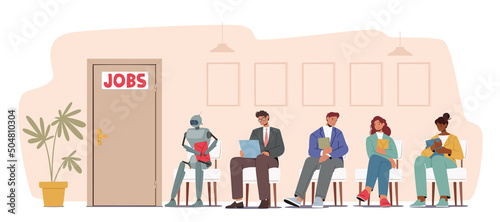 Robots and Human Applicants Characters Wait in Queue for Hiring Interview at Office Hall. Hr, Cyborg VS People Workers
