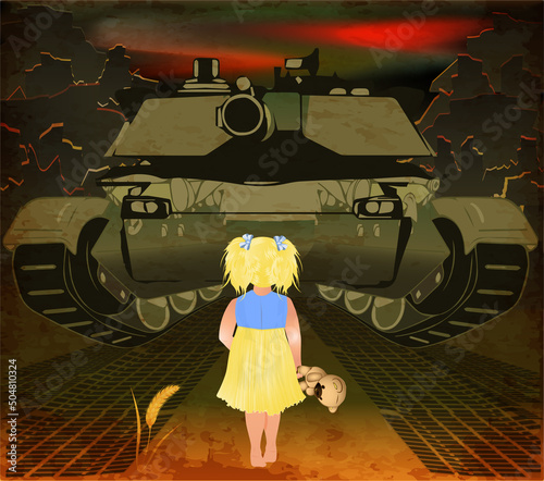 No War background, little girl with toy bear stops a military tank . vector illustration