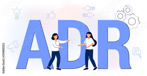 ADR Alternative Dispute Resolution acronym Business concept Vector illustration Letters and icons Web landing page and other related creative