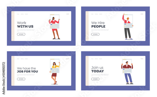 Job Searching Landing Page Template Set. Unemployed Characters Hold Resume Paper Sheet With Avatar and Skills