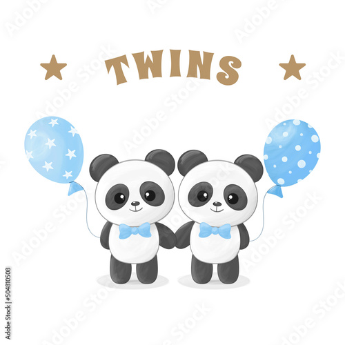 Cute little panda boy twins with blue balloons and bow ties. Greeting card