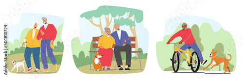 Set of Elderly People Walk with Dog in Park. Aged Male and Female Characters Couple Relaxed Promenade, Sitting on Bench