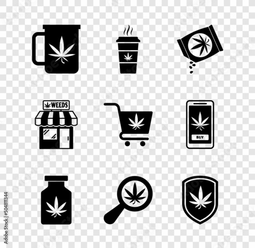 Set Cup tea with marijuana, coffee, Marijuana or cannabis seeds, Medical bottle, Magnifying glass and, Shield, store and Shopping cart icon. Vector