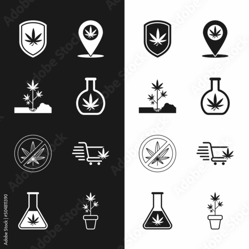 Set Test tube with marijuana, Planting, Shield and, Location, Stop, Shopping cart, Marijuana plant pot and icon. Vector