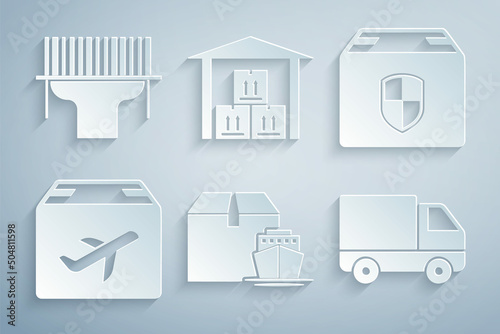 Set Cargo ship with boxes, Delivery security shield, Plane and cardboard, cargo truck vehicle, Warehouse and Scanner scanning bar code icon. Vector