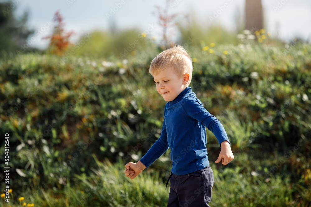 Little boy running down a meadow in a beautiful landscape in summer, very light and happy scene. Little boy running down a meadow in a beautiful landscape in summer, very light and happy scene.