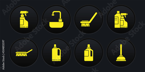 Set Brush for cleaning, Bottles agent, Fabric softener, Washbasin with water tap, Rubber plunger and Spray bottle detergent liquid icon. Vector