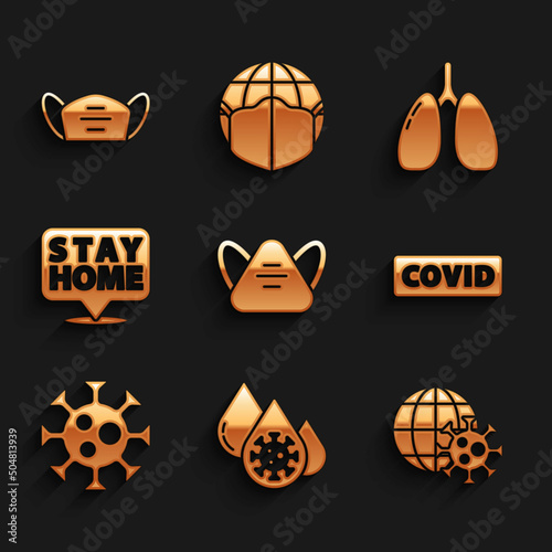 Set Medical protective mask, Blood test and virus, Earth globe with, Corona covid-19, Virus, Stay home, Lungs and icon. Vector