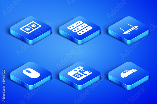 Set Car, Electrical outlet, Coffee machine, Computer mouse, Server, Data, Web Hosting and Router and wi-fi signal icon. Vector