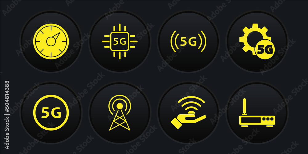 Set 5G network, Setting, Antenna, Processor, Router and wi-fi signal and Digital speed meter icon. Vector