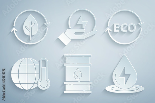 Set Bio fuel barrel, Label for eco healthy food, Global warming, Water energy, Lightning bolt and Recycle and leaf icon. Vector