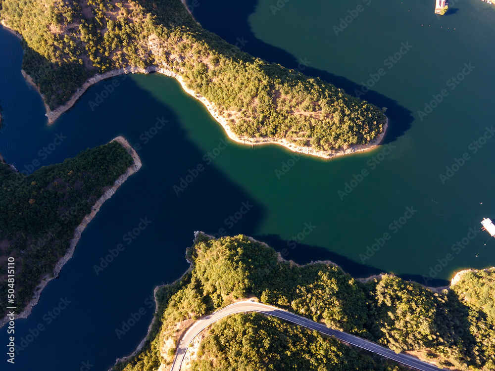 Aerial view of The Vacha (Antonivanovtsi) Reservoir, Rhodope Mountains, Plovdiv Region, Bulgaria