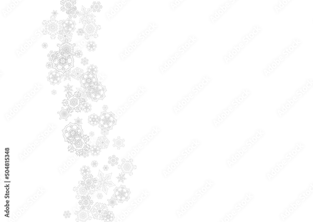 Snowflakes falling on white background. Horizontal Christmas and Happy New Year theme. Silver falling snowflakes for banner, gift card, party invitation, partner compliment and special business offers Snowflakes falling on white background. Horizontal Christmas and Happy New Year theme. Silver falling snowflakes for banner, gift card, party invitation, partner compliment and special business offers
