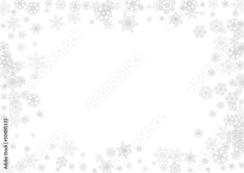 Snowflakes falling on white background. Horizontal Christmas and Happy New Year theme. Silver falling snowflakes for banner, gift card, party invitation, partner compliment and special business offers