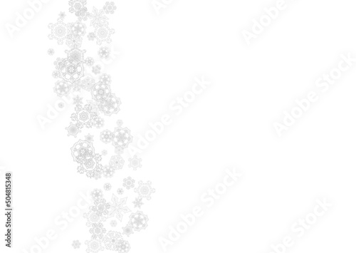 Snowflakes falling on white background. Horizontal Christmas and Happy New Year theme. Silver falling snowflakes for banner, gift card, party invitation, partner compliment and special business offers