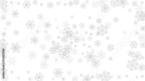 Snowflakes falling on white background. Horizontal Christmas and Happy New Year theme. Silver falling snowflakes for banner, gift card, party invitation, partner compliment and special business offers