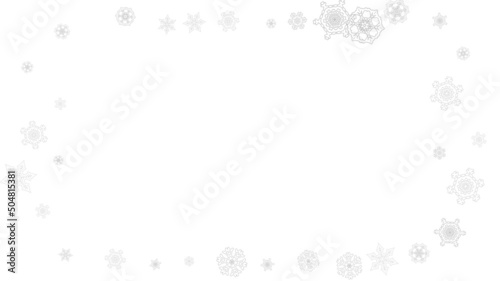 Snowflakes falling on white background. Horizontal Christmas and Happy New Year theme. Silver falling snowflakes for banner, gift card, party invitation, partner compliment and special business offers