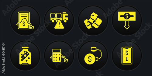 Set Glass money jar with coin, Dollar rate decrease, Calculation of expenses, Debt ball chained to, Credit card, Stop delivery cargo truck, Mobile stock trading and icon. Vector