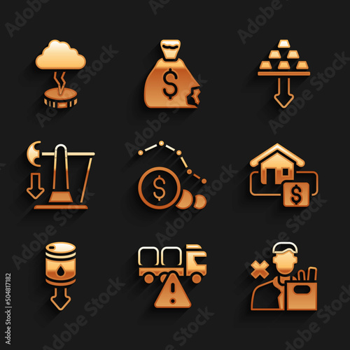 Set Dollar rate decrease, Stop delivery cargo truck, Employee dismissal, Hanging sign with Sale, Drop crude oil price, Gold bars and Storm icon. Vector