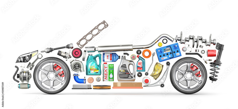 Autoparts in form of car isolation on a white background. 3d illustration - obrazy, fototapety, plakaty 
