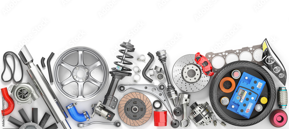 Auto parts isolation on a white background. 3d illustration
