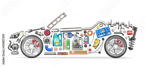 Autoparts in form of car isolation on a white background. 3d illustration photo