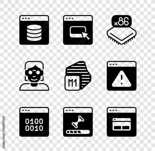 Set Server, Data, Web Hosting, Browser files, Processor with microcircuits CPU, Binary code, Loading data window, Search engine, Hacker coder and icon. Vector