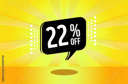22% off. Yellow banner with twenty two percent discount on a black balloon for mega big sales.