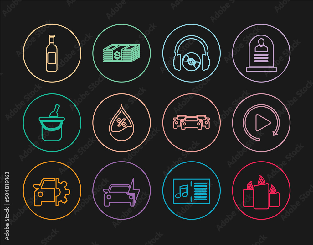 Set line Burning candles, Video play button, Headphones CD or DVD, Water drop percentage, Bottle of wine bucket, Cars and Paper money dollars cash icon. Vector Set line Burning candles, Video play button, Headphones CD or DVD, Water drop percentage, Bottle of wine bucket, Cars and Paper money dollars cash icon. Vector