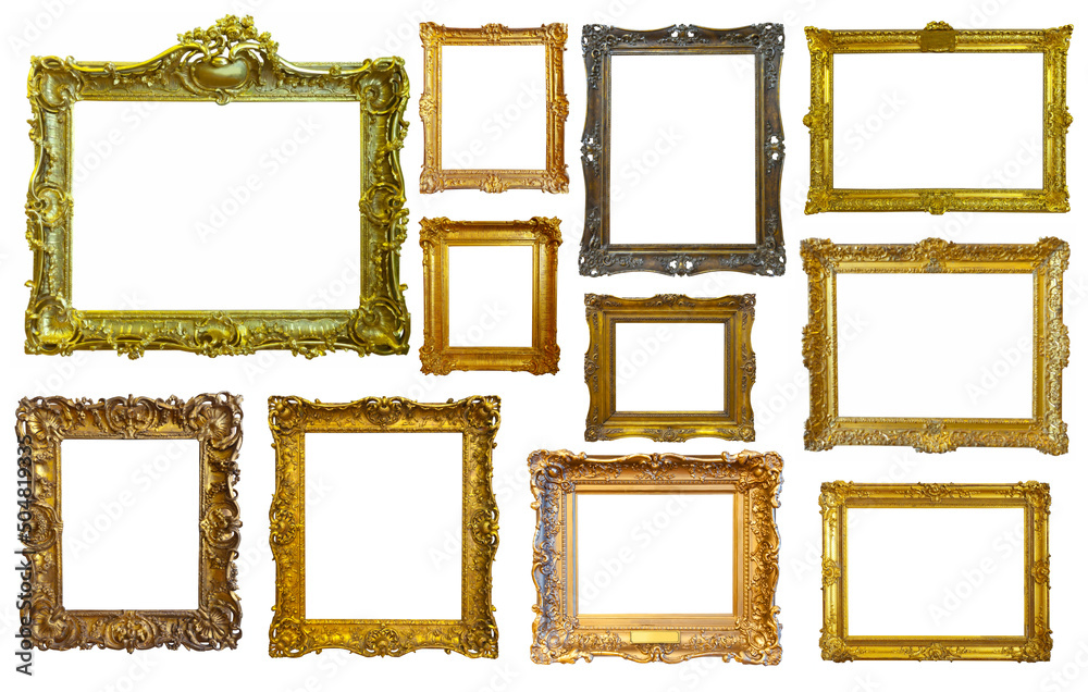 Set of isolated art empty frames in golden and silvery color - obrazy, fototapety, plakaty 