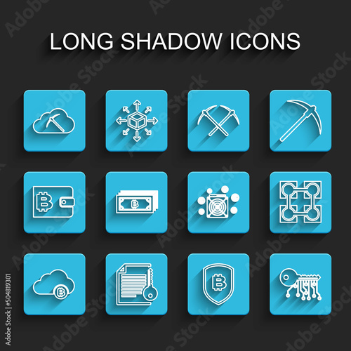 Set line Cryptocurrency cloud mining, Smart contract, Shield with bitcoin, key, Blockchain technology and ASIC Miner icon. Vector