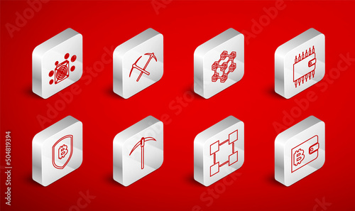 Set line Cryptocurrency wallet, Crossed pickaxe, Blockchain technology, ASIC Miner, Pickaxe and Shield with bitcoin icon. Vector