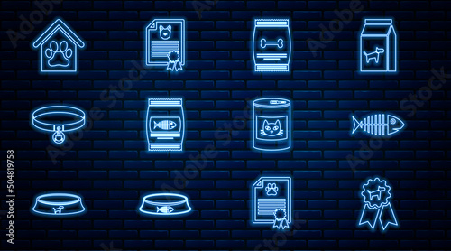 Set line Dog award symbol, Fish skeleton, Bag of food for pet, cat, Cat collar, house and paw print, Canned and Certificate dog icon. Vector