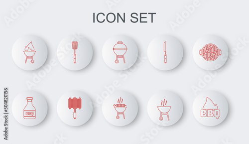 Set line Barbecue fire flame, Ketchup bottle, grill, spatula, steel grid and grilled shish kebab icon. Vector