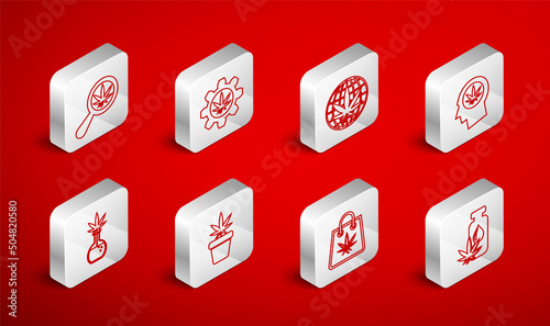 Set line Marijuana or cannabis leaf oil, Test tube with marijuana, Legalize, Head in profile, Shopping bag, Magnifying glass and, plant pot and icon. Vector