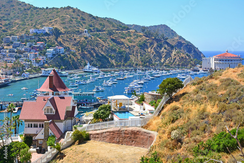 View of the Holly Hill house with Avalon Bay and the Casino on Santa Catalina Island off the coast of Southern California photo