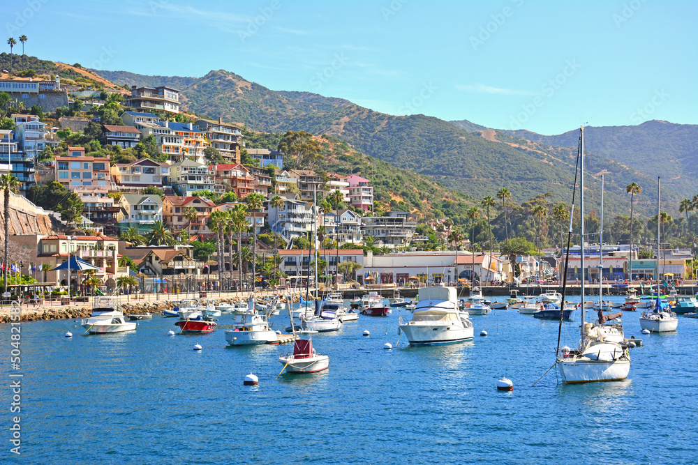 Boats anchored at Avalon Harbor with homes on the hillside in Santa Catalina Island off the coast of Southern California