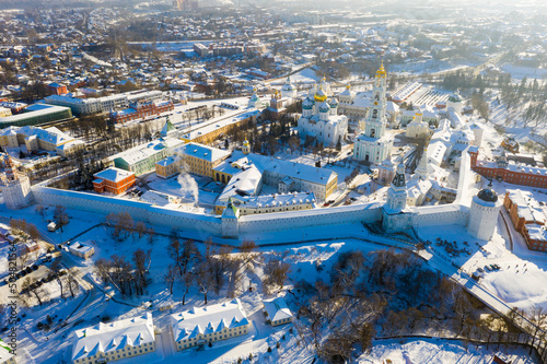 Aerial panoramic view of Holy Trinity St. Sergius Lavra in Sergiev Posad on sunny winter day, Russia. photo