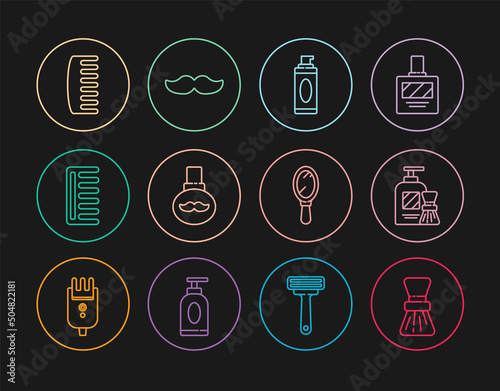 Set line Shaving brush, gel foam and, Beard mustaches care oil bottle, Hairbrush, Hand mirror and Mustache icon. Vector