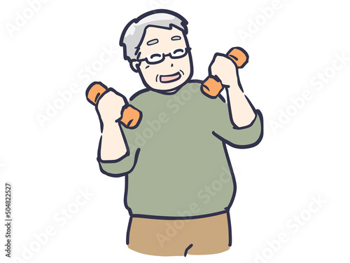 ダンベルを持って運動するシニア男性のイラスト
